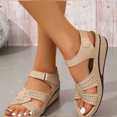 Ankle Strap Wedge Sandals, Color Beige, Size 40 (Us8), Pu Leather. New From Shein Beige Toe Post Wedge Sandals, Casual Beige Toe Post Wedge Sandals, White Dress Sandals, Clear Chunky Heels, Jeweled Flats, Sparkle Sandals, Shein Shoes, Barbie Shoes, Ankle Strap Wedges