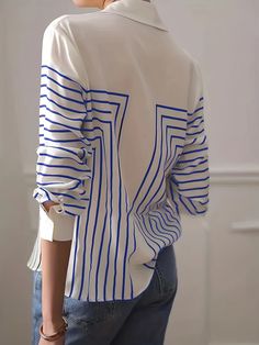 Geometric Print Casual Long Sleeve Shirt for Women – VVPIK Trendy Striped Office Shirt, Striped Shirt For Office In Spring, Spring Striped V-neck Shirt, White Vertical Stripes Blouse For Spring, Spring Office Shirt With Vertical Stripes, Vertical Striped Shirt For Office In Spring, Vertical Stripes Shirt For Office In Spring, Blue Long Sleeve Blouse With Vertical Stripes, White Button-up Top With Contrast Stripes