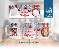 two mugs with christmas photos on them are sitting on a table next to a photo frame