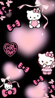 hello kitty wallpaper with pink hearts and bows on black background for girls bedroom decor