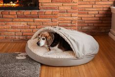 a dog is laying in his bed on the floor