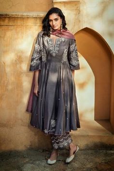 Shop for Matsya Grey Chanderi Silk Anarkali Set for Women Online at Aza Fashions Short Anarkali, Grey Anarkali, Silk Anarkali, Long Anarkali, Designer Anarkali Suits, Indian Party Wear, Vacuum Storage, Designer Anarkali, The Spell