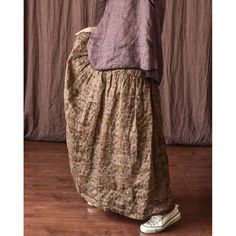 Details: Gender: Women Item Type: Skirt Material: Linen Season: Spring, Summer, Autumn Pattern: Floral Style: Casual, Loose, Retro Waist Type: Elastic Waist Size: One Size Length: 93.00 cm/ 36.61 " Waist (Max): 114.00 cm/ 44.88 " Hip: 206.00 cm/ 81.10 " Hem: 240.00 cm/ 94.49 " Spring Full Length Brown Skirt, Brown Full-length Skirt For Spring, Brown Full Length Skirt For Spring, Bohemian Baggy Cotton Skirt, Baggy Cotton Bohemian Skirt, Spring Baggy Gathered Skirt, Casual Full Length Brown Skirt, Spring Bohemian Baggy Maxi Skirt, Bohemian Baggy Maxi Skirt For Spring