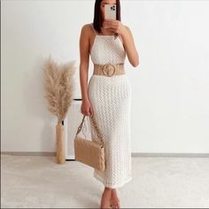 Zara Dress Off White Maxi Dress For Party, Fitted Belted Maxi Dress For Brunch, Off White Midi Dress For Spring Party, Beige Belted Dress For Party, Summer Evening Crochet Dress, Beige Belted Party Dress, Elegant Spring Beach Maxi Dress, Spring Party Midi Dress In Off White, Spring Party Off-white Midi Dress