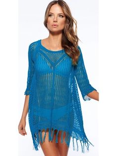 Sexy Hollow 3/4 Sleeve Beach Cover-up Tops - rrdeye Coverup Swimsuit Cover, Crochet Beach Dress, Coverup Swimsuit, Beach Fabric, Boho Beach Dress, Beach Cover Ups, Boho Summer Dresses, Chiffon Fashion, Jumpsuit Outfit