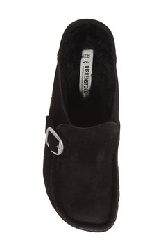 This moccasin-style clog lined in plush genuine shearling features Birkenstock's cork-latex footbed that mimics the contours of your foot for supreme comfort. The deep heel cup cradles the foot and keeps it properly positioned, while longitudinal arch support enhances stability. Style Name:Birkenstock Buckley Genuine Shearling Mule (Women). Style Number: 5797579. Available in stores. Shearling Clogs With Leather Footbed Slip-on, Shearling Clogs With Rubber Sole Slip-on, Shearling Slip-on Clogs With Leather Footbed, Shearling Slip-on Clogs With Rubber Sole, Sheepskin Clogs With Leather Footbed And Round Toe, Shearling Clogs With Leather Footbed And Round Toe, Birkenstock Buckley, Moccasins Style, Gucci Mules