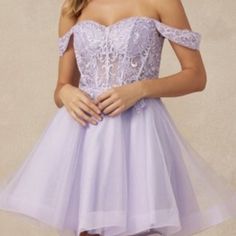 An Exquisite, Open-Shoulder Dress That Is Perfect For A Variety Of Parties. An Open-Shoulder Dress, A Corset With Beads And Pearls, A Comfortable Tie At The Back, And A Lush Skirt Makes The Image Feminine And Delicate. Colour: Lilac Fabric: Shiffon,Tulle Length:Low Sleeve: Sleeveless Back: Invisible Zipper And Spaghetti Ties Skirt: Fluffy Tulle Lace Details: Decorated With Rhinestones, Occasion: Formal, Party , Cocktail, Special Occasion, Birthday Party, Christmas Tags: Sleeveless, Shiffon Tulle Purple Off-shoulder Dress With Fitted Bodice, Purple Off-shoulder Evening Dress, Purple Off-shoulder Cocktail Dress, Purple Off-shoulder Mini Dress For Cocktail, Shiffon Dress, Long Black Dress Formal, Red Evening Gown, Fluffy Dress, Lilac Fabric