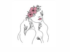 a drawing of a woman with flowers on her head and long hair, wearing a flower in her hair