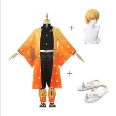 an anime cosplay outfit with orange and black clothing, shoes and headbands