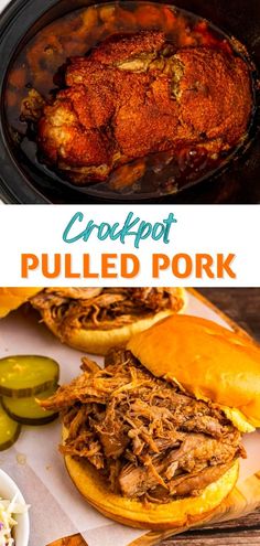 crockpot pulled pork in a slow cooker with pickles on the side