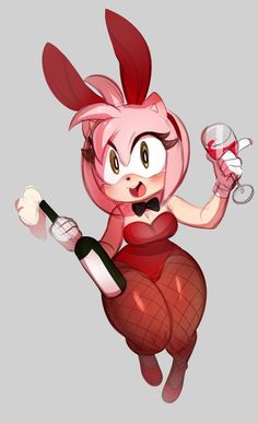 a cartoon character holding a wine glass in her hand and wearing bunny ears on top of it