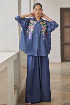 Oversized Embroidered Shirt For Summer, Embroidered Oversized Summer Shirt, Summer Oversized Embroidered Shirt, Oversized Embroidered Cotton Blouse, Indigo Long Sleeve Summer Sets, Oversized Floral Embroidered Blouse For Spring, Oversized Floral Embroidery Blouse For Spring, Oversized Spring Blouse With Floral Embroidery, Oversized Embroidered Summer Blouse