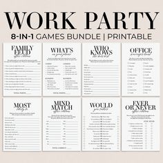 the printable work party game bundle includes 8 games