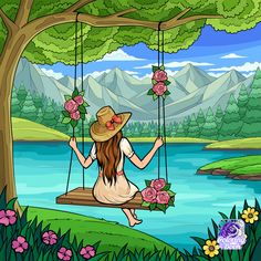 a woman sitting on a swing with flowers