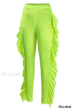 Olivia Mark - Fluorescent Yellow High-Waisted Pencil Skirt for Women with Solid and Patchwork Detailing Green High-waist Ruffled Bottoms, High-waist Green Ruffled Bottoms, Green Ruffled Stretch Bottoms, Fitted Green Bottoms With Ruffles, Neon Bottoms For Summer Party, Fitted Green Bottoms For Spring, Trendy Neon Stretch Bottoms, Fitted Neon Summer Bottoms, Fitted Neon Bottoms For Summer