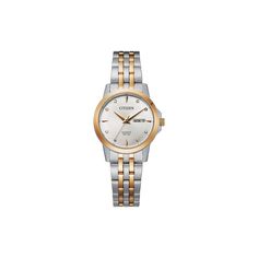 Sharpen up your look when you pair this refined women's Citizen watch with any casual, business or dress attire. Sharpen up your look when you pair this refined women's Citizen watch with any casual, business or dress attire. FEATURES Day & date windowCASE Material: stainless steel with gold-tone accents Dial color: silver tone Face cover material: mineral crystal Diameter: 27 mmBAND Material: stainless steel with gold-tone accents Clasp: fold-over push-button deployment Circumference: 180 mm Wi Elegant Round Watches With Date Display, Classic Watch With Round Dial For Work, Classic Watch For Work, Classic Watch For Workwear, Elegant Analog Watches For Office, Elegant Analog Office Watches, Classic Workwear Watch, Elegant Diamond Watch With Date Display For Anniversary, Classic Silver Watch For Office