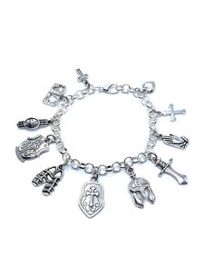 New. This Bracelet makes a perfect gift  has 11 Armor Of God themed Charms Stainless Steel bracelet has a lobster clasp closure measures approx 8" bracelet and charms are silver tone alloy and steel.   Charms include small cross, Bible, Belt Of Truth, breast Plate Of Righteousness, shoes Of Peace, shield of Faith, helmet of salvation, sword of the Spirit, praying hands, cross, Heart Silver Alloy Bracelet For Gift, Symbolic Charm Bracelet With Dangling Charms, Adjustable Silver Jewelry With Lobster Clasp, Metal Bracelets With Removable Charms For Jewelry Making, Personalized Spiritual Metal Charm Bracelet, Spiritual Silver Rosary Bracelet With Charms, Symbolic Sterling Silver Charm Bracelets, Symbolic Dangle Bracelets With Charms, Symbolic Silver Alloy Jewelry