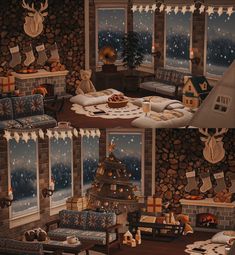 two pictures of a living room with christmas decorations on the windows and furniture in front