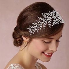 The Karen Bridal Headband Is A Pretty Crystal Bridal Hair Accessory Made Of Cz Crystal Leaves. This Is A Great Hairpiece That Can Be Used For Versatile Bridal Hairstyles. Length: 11.4 Inches. Width: 3 Inches. #Cz #Headband #Bridalheadband #Bridalaccessories #Hairaccessories Hairstyles Tiara, Wedding Hairstyles With Crown, Pearl Headband Wedding, Crystal Bridal Headband, Hair Accessories Tiara, Headpiece Accessories, Bride Tiara, Gold Hair Accessories, Wedding Dress Accessories