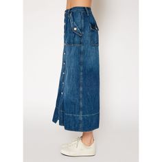 Rachel Utility Maxi Skirt In Irvin | Noend Denim | Wolf & Badger Casual Denim Maxi Skirt With Pockets, Utility High Rise Denim Skirt, Spring Straight Leg Maxi Skirt With Pockets, Spring Straight-leg Maxi Skirt With Pockets, High Rise Denim Utility Skirt, Spring Maxi Skirt With Pockets And Straight Leg, Casual Dark Wash Maxi Skirt With Pockets, Wide Leg Skirt With Pockets In Medium Wash, Denim Blue Maxi Skirt With Pockets