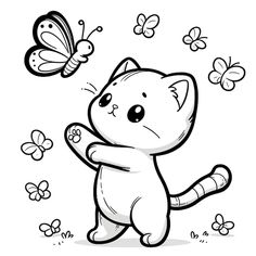 a cartoon cat with butterflies flying around it's back and its paw in the air