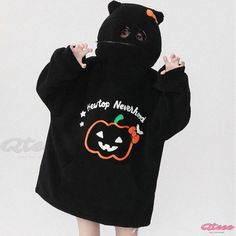 Qteee - Kitty Ears Plush Hoodie with Pumpkin Letter Embroidery and Pocket Fall Kawaii Hooded Sweatshirt, Fall Hooded Kawaii Sweatshirt, Kawaii Hooded Sweatshirt For Fall, Kawaii Winter Hooded Tops, Cute Black Winter Sweatshirt, Black Kawaii Hoodie For Fall, Kawaii Black Hoodie For Fall, Black Kawaii Hoodie For Winter, Cute Black Sweatshirt For Winter