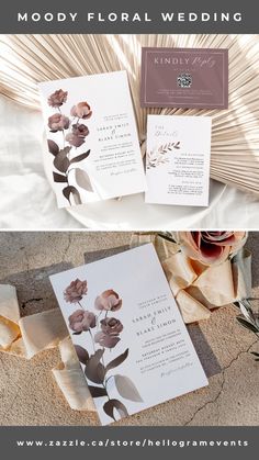 the wedding stationery is laid out on top of each other with flowers and leaves