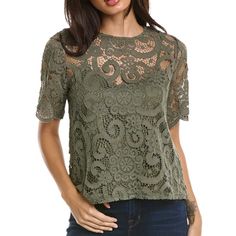 Product Details Color/Pattern: Winding Vines Approximately 21.5in From Shoulder To Hem Design Details: Sheer Lace Overlay Keyhole Back With Self-Tie Closure 60% Cotton, 30% Nylon, 10% Rayon Hand Wash Imported B3 Spring Lace Blouse With Crew Neck, Feminine Summer Crew Neck Blouse, Feminine Lace Top With Crew Neck, Feminine Lace Crew Neck Top, Chic Lace Blouse With Crew Neck, Casual Lace Blouse With Short Sleeves, Spring Lace Top With Crew Neck, Summer Lace Top Blouse With Short Sleeves, Elegant Spring Crew Neck Shirt