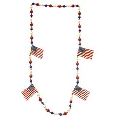 an american flag beaded necklace with red, white and blue beads on a white background