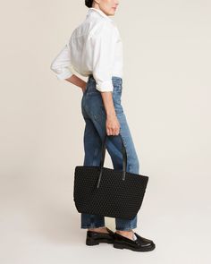 Handwoven neoprene with vegan leather handles in true black. The Jetsetter Small Tote can be carried for travel, work, or baby. Black Woven Leather Shoulder Bag For Work, Black Workwear Bags With Braided Handles, Travel Work, Small Tote, Leather Handles, Large Tote, Leather Handle, Vegan Leather, Onyx