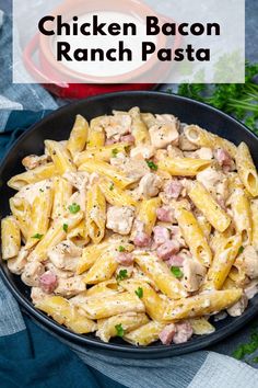 chicken bacon ranch pasta in a skillet with parsley on the side and text overlay