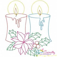 two lit candles with holly leaves and berries on the table next to it is an embroidery pattern