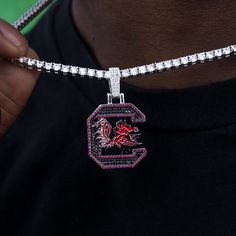 a person wearing a necklace with a red and white dragon charm on it's neck