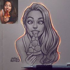 a pencil drawing of a woman eating pizza