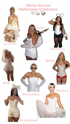 several different types of costumes are shown in this image with the words white corset halloween costumes