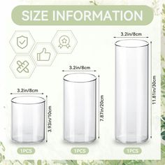 the sizes of glass containers are shown with measurements for each item and how to use them