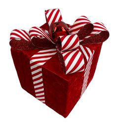 a red and white striped gift box with a bow on it's side, isolated against a white background