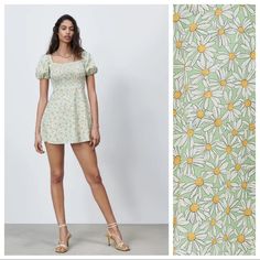 Nwt. Zara Green Floral Print Linen Blend Mini Dress With Straight Neckline, Short Puff Sleeves, Smocked Top Detail, Side Zipper Closure. Size M. Ref. 2623/557. Pit To Pit 14" Flat, Sleeves 10,5", Waist 13,5", Length 26". 1048. Yellow Daisy Print Summer Dress, Fitted Daisy Print Mini Dress For Spring, Fitted Mini Dress With Daisy Print For Spring, Daywear Fitted Mini Dress With Print, Fitted Daisy Print Summer Dresses, Fitted Printed Mini Dress For Daywear, Casual Fitted Daisy Print Dress, Stretch Floral Print Sundress For Spring, Spring Daisy Print Mini Dress For Day Out