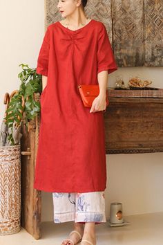 Linen Soft Washed Summer Linen Women Dresses Short Sleeve57292