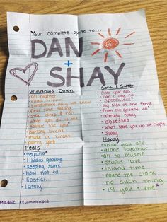 a piece of paper with writing on it that says dan and shany written in different languages