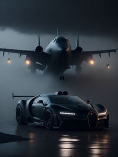 a bugatti car and an airplane in the fog with lights coming from behind it