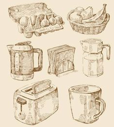 sketches of kitchen appliances and food items on a beige background, including an oven, toaster, juicer, coffee pot, bread box, milkshake