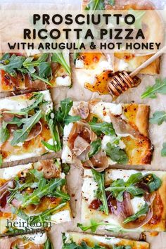 a pizza with arugula and hot honey on it is shown in this advertisement for prosciutto ricotta pizza