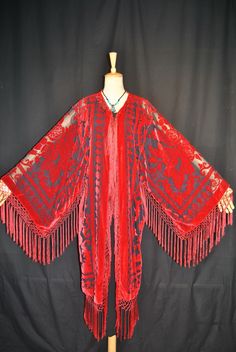 Art Classic Red Black Burnout Velvet Kimono Fringe Jacket Coat Kimono Stunning Red Outerwear For Costume Events In Fall, Red Costume Outerwear For Fall, Red Outerwear For Fall Costume, Red Outerwear For Fall Costume Events, Red Bohemian Festival Outerwear, Red Bohemian Outerwear For Festival, Fitted Red Outerwear For Festival, Red Cape For Fall Outerwear, Red Cape Outerwear For Fall