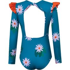 One-piece swimsuit with long sleeves for sun protection with orange shoulder ruffles, printed with our blue LOTO AZUL design. The fabric has the highest ultraviolet protection factor, UPF50+ wich means the fabric creates a barrier against the suns UV rays. Made in Colombia | Pepita & Me | Wings Lonsleeve Toddler Swimsuit, Loto Azul (Multicolor, Size 12M) | Maisonette collects the best children’s products from around the world (unlike Zulily, Etsy, The Tot, Farfetch Kids, Childrensalon, Crate and Long Sleeve Swimwear With Upf 50+ For Play, Fitted Uv Protection Swimwear For Spring, Playful Stretch Swimwear With Upf 50+, Playful Green Swimwear With Uv Protection, Beach Season Blue Long Sleeve Bodysuit, Playful Long Sleeve Swimwear With Uv Protection, Blue Long Sleeve Bodysuit For Beach Season, Blue Long Sleeve Swimwear For Vacation, Blue Long Sleeve Swimwear For Summer