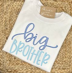 Your little one can look just as cool as their big brother or sister with these matching tees! Get ready for a ton of cute sibling photos with these stylish shirts! Wording options: Big Brother, Little Brother, Big Sister, Littler Sister Please select a thread color for each word. **Please message us below to order an infant gown or bodysuit.** When ordering an embroidered item, please specify your monogram initials or name, monogram font & thread color. All of the monogram options can be found Big Brother Shirt Embroidered, Matching Brother Shirts, Big Brother Shirts, Baby Boy Monogram, Big Brother Little Brother, Boy Monogram, Sibling Photos, Big Brother Shirt, Brother Embroidery