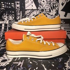 New With Box Best Offer Style: 162063c Color: Sunflower / Egret / Black Size: M 13 / W 15 / Uk 13 / Eu 48 / 31.5 Cm Features Heavy-Grade Canvas Upper, White Laces, Removable Ortholite Cushioned Insole And Vulcanized Rubber Sole Not Actual Item Pictured But You’ll Receive One In The Same Condition Ships Double-Boxed Thanks For Viewing! Retro Mustard Low-top Sneakers, Converse Mustard Sneakers With Round Toe, Mustard Converse Sneakers With Round Toe, Retro Yellow Sneakers With Vulcanized Sole, Retro Yellow Sneakers For Summer, Vintage Yellow Sneakers For Streetwear, Mustard Converse Lace-up Sneakers, Mustard Low-top Sneakers For Spring, Yellow Converse Sneakers With Rubber Sole