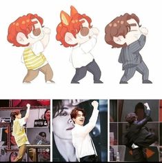 four pictures of people with different poses and hair styles, one is dancing the other has his hands up in the air