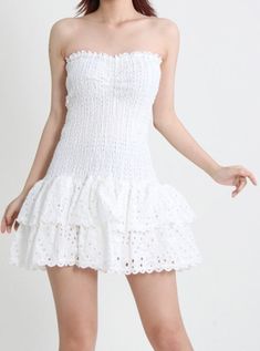 Embroidery and ruffles, such an adorable combination for the die-hard feminine girls. Short Casual Dresses, Strapless Neckline, Empire Waistline, Mini Dresses For Women, Ruffle Mini Dress, Weave Style, Embroidered Shorts, Strapless Mini Dress, Layered Skirt