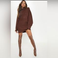 Product Details- Chocolate Oversized Sweater Dress Keep It Simple And Sweet With This Sweater Dress Doll. Featuring A Chocolate Brown Fabric With An Oversized Fit, Style This Dress With Some Snake Print Thigh High Boots For A Killer Weekend Look. Length Approx 85cm/33.5" (Based On A Sample Size S) Model Wears Size S Model Height - 5ft 9" Size: Medium, Never Worn. Bnwot. Fabric And Care- Main: Acrylic - 50%, Polyester - 50% Please Note: Due To Fabric Used, Colour May Transfer. Brown Sweater Dress Outfit, Chocolate Brown Fabric, Oversized Sweater Dress, Brown Sweater Dress, Sweater Dress Oversized, Sweater Dress Outfit, Dress Doll, Brown Fabric, Oversized Sweater